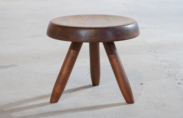 Vintage Berger Stool by Charlotte Perriand, solid mahogany, 1950s French modernist design
